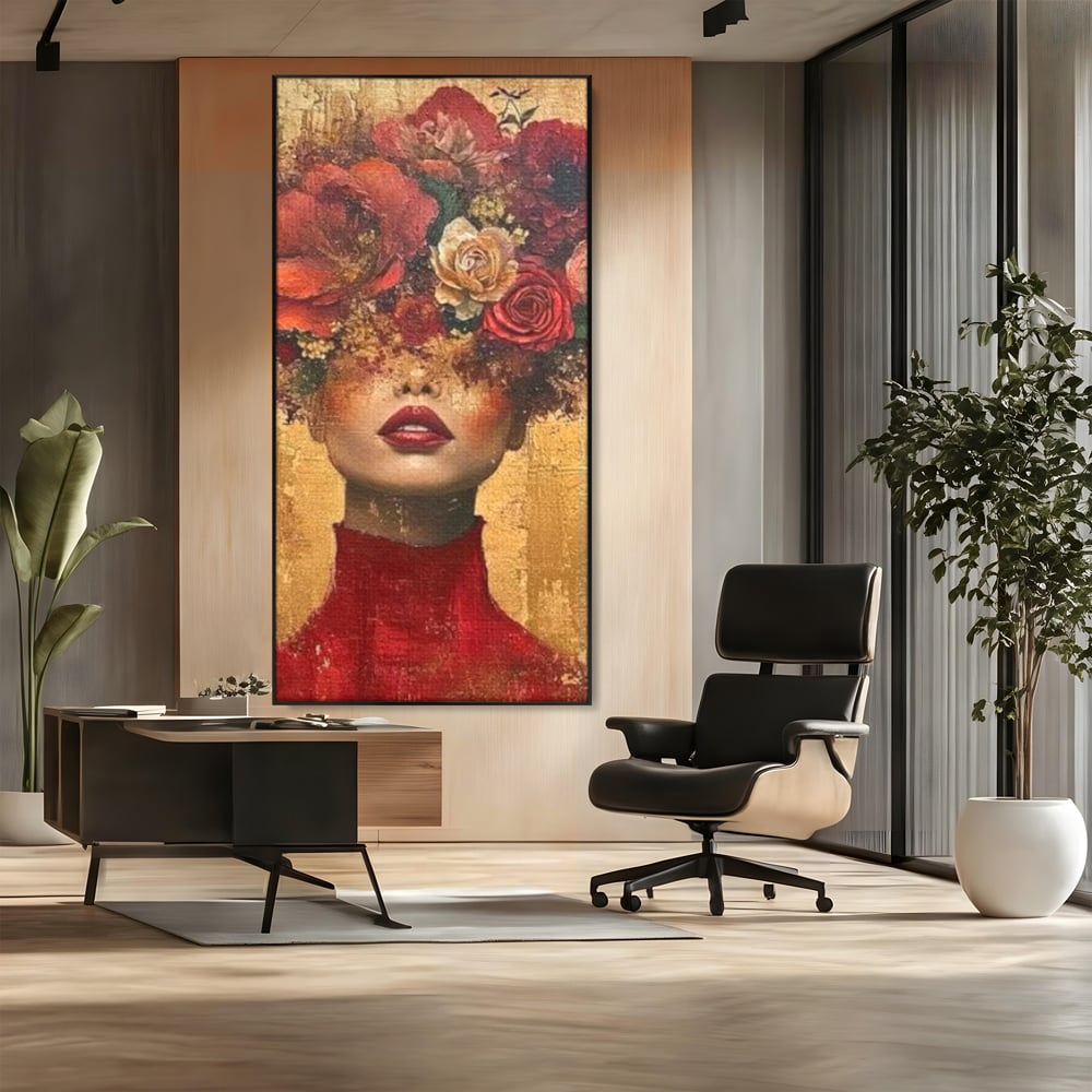 Tablou canvas cu tablou canvas cu portret de femeie si flori, in rama de aluminiu negru, pe perete intr-un birou